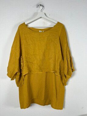 Colette Womens Mustard Yellow Cotton Linen Layered Tunic Top Floral Applique New